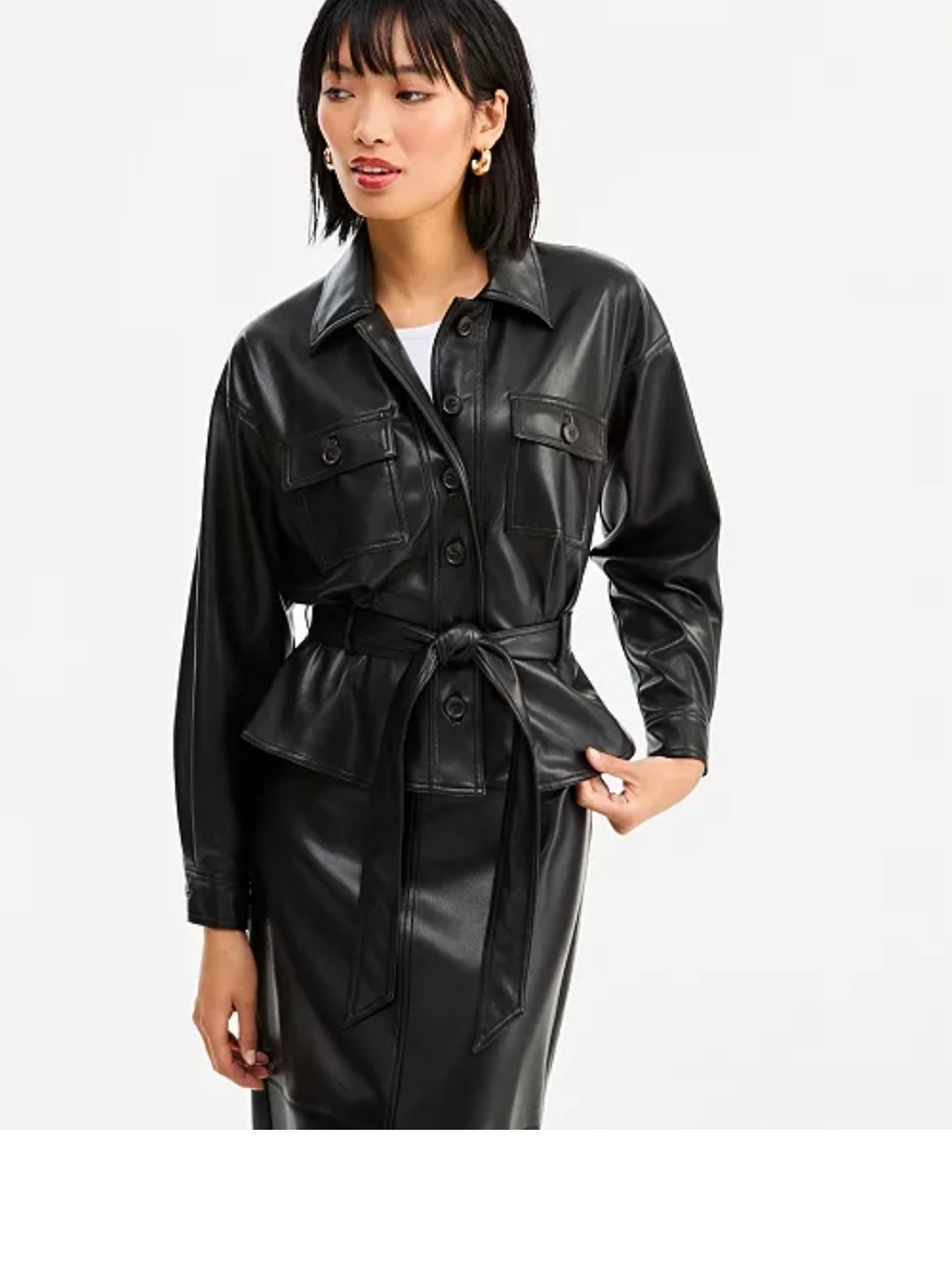 INC International Concepts Black Faux Leather Tie-Waist Jacket